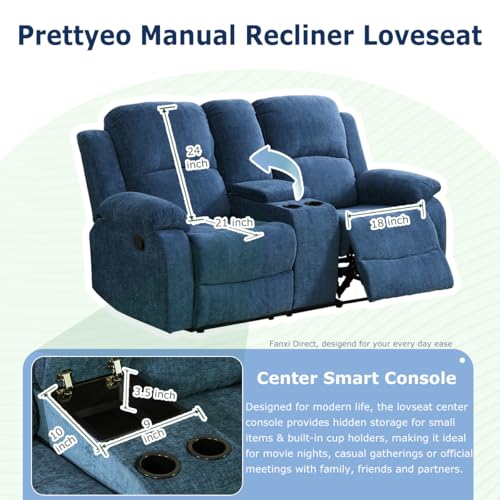 Prettyeo Reclining Sofa Set for Living Room, 2 Pieces Fabric Recliner Sofa Loveseat Set with Cup Holders & Storage Console, Manual Reclining Furniture for Home Theater, Office, Club | Blue, Microfiber