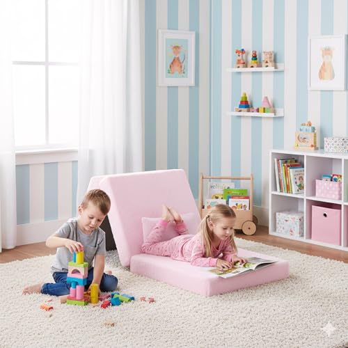 Givjoy Foldable Floor Mattress with Pillow for Kids, Toddler Washable Tri Folding Floor Nap Mat for Sleeping Daycare, Child Trifold Futon Sofa Bed with Storage Bag for Playroom Girls and Boys, Pink Givjoy