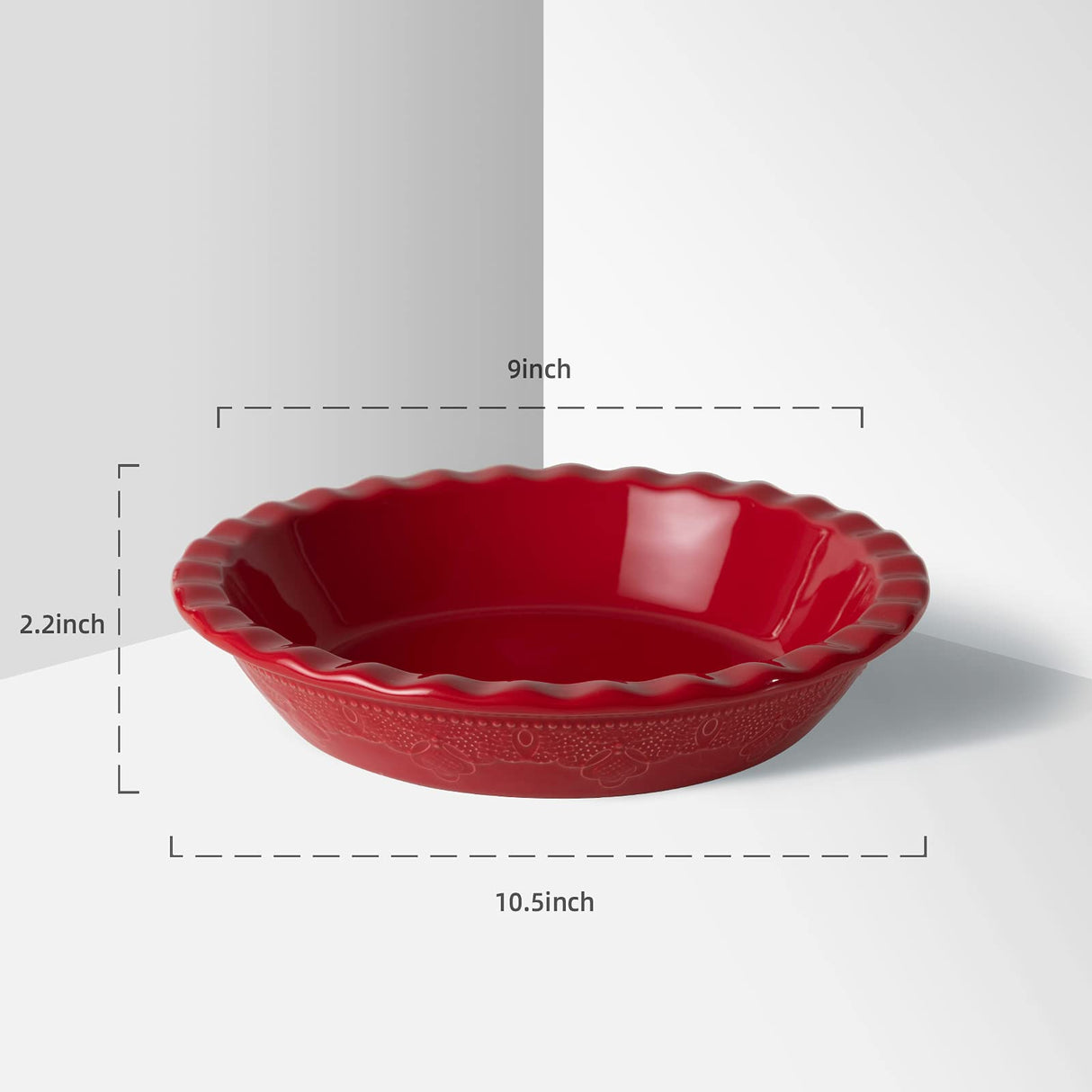 Fun Elements Pie Pan, 9 Inch Ceramic Pie Dish, Deep Dish Pie Pan with Lace Emboss, Ruffled Pie Plate for Baking, Thanksgiving Christmas Gifts(Christmas Red) FE FUN ELEMENTS