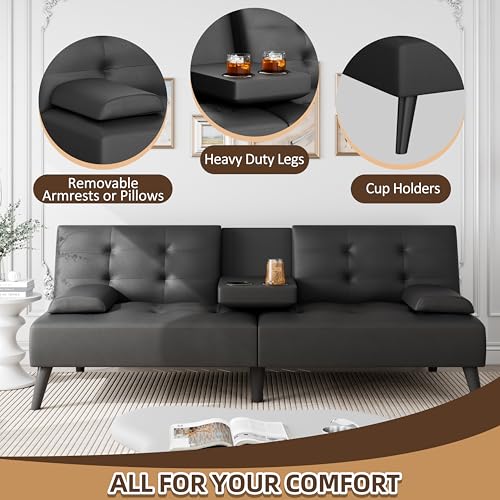 JAMFLY Futon Sofa Bed, 64" Small Futon Couch with Adjustable Backrest, 3-Angle Recliner, Detachable Armrests with Cup Holders for Small Spaces, Living Room, Apartment, Study Room (Black Leather) JAMFLY