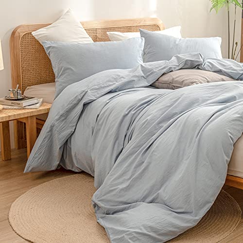 BESTOUCH Duvet Cover Set 100% Washed Cotton Linen Feel Super Soft Comfortable Chic Lightweight 3 PCs Home Bedding Set Cornflower Blue King BESTOUCH