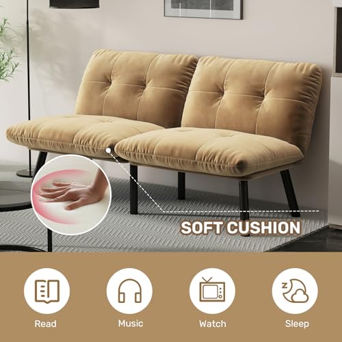 homeokay Futon Sofa Sleeper Couch Bed with Adjustable Backrest Thick Cushion Velvet Fabric for Department Living Room Lounge Sofa Loveseat (Brown) homeokay