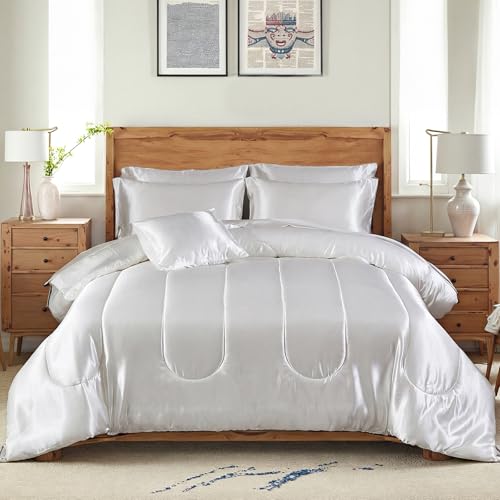 Bedding_Dreamer Silk Like White Comforter Set with Sheet Set King Size 8 Pieces Satin Bedding Set Silky Bed-in-a-Bag Luxury Hotel Soft Silky Comforter Set with 1 Cushion Cover Vegan Silky Bed Set Bedding_Dreamer