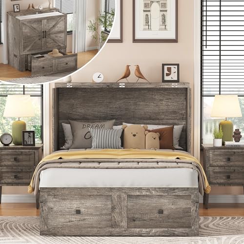 AMERLIFE Twin Murphy Bed Cabinet with Charging Station and Storage Drawer, Farmhouse Foldable Platform Bed for Home Office, Apartment, Small Spaces, Rustic Grey AMERLIFE