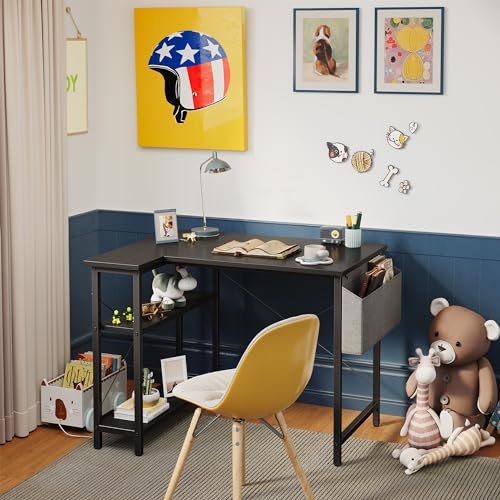 CubiCubi L Shaped Desk, 47 Inch Computer Desk with Reversible Storage Shelves Home Office Corner Desk Study Writing Table, Black CubiCubi