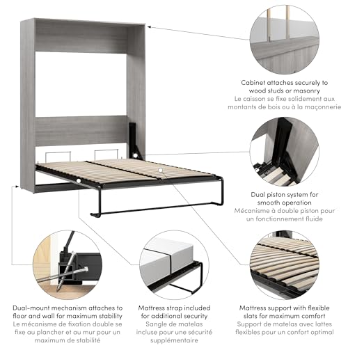 Bestar Claremont 59W Full Murphy Bed in Platinum Gray, Sleeping Arrangement for Multipurpose Area, Bedroom, Guest Room, or Living Room Bestar