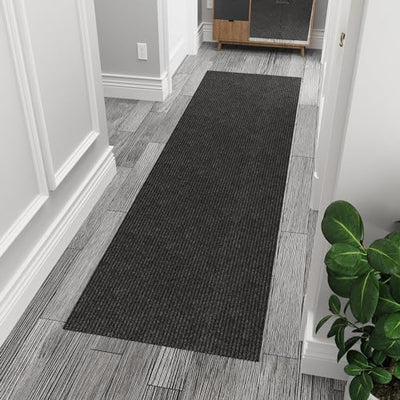Ottomanson Solid Design Non-Slip Rubberback 3x10 Indoor/Outdoor Runner Rug for Hallway, Kitchen, Living Room, Garage, Patio, 2'7" x 9'10", Black