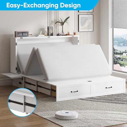 Mjkone Queen Murphy Bed, Modern Cabinet Bed with Tri-Folding Mattress & USB Charging Station, Space-Saving Adult Guest Beds with 2 Drawers & Side Storage Board for Bedroom/Living Room (White)