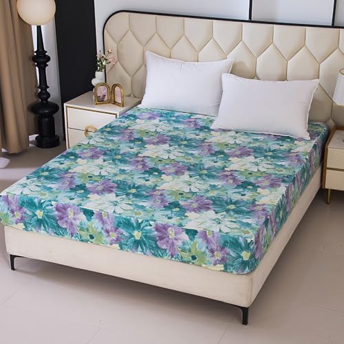 NATURETY Bedding Fitted Sheet with Deep Pocket,Oil Painting Style Printed Fabric Bed Sheets for Boys Girls Single Bed (Green Floral,Twin) NATURETY
