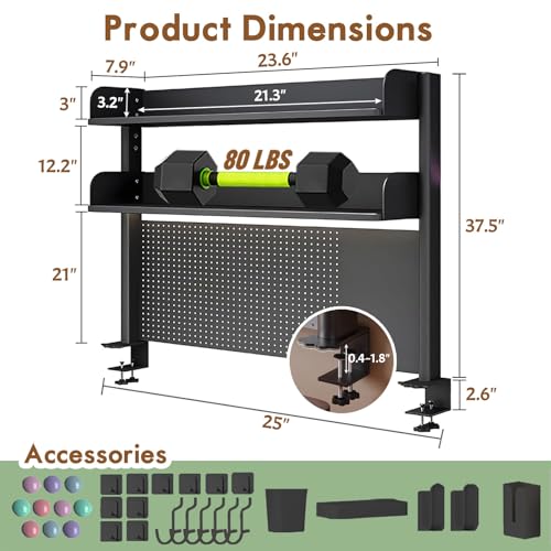 Clamp On Desk Shelf Organizer with Pegboard Desk Hutch Dorm with Storage Bookshelf Desk Top Organizer Shelf Multi-Purpose White & Black Desktop Shelves & Office Shelves (Black, W - 23.6") Lefedrasticity