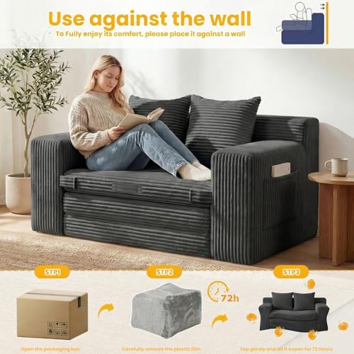 Boneless Loveseat Sleeper Sofa Bed: 3-in-1 Convertible Sofa Bed with Side Pockets & Handle,Pull Out Couch with 2 Pillows,Folding Futon for Small Space,Living Room & Bedroom,Corduroy Fabric,No Assembly Winzoo