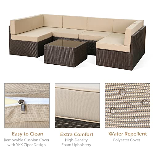 U-MAX 7 Piece Outdoor Patio Furniture Set, PE Rattan Wicker Sofa Set, Outdoor Sectional Furniture Chair Set with Cushions and Tea Table, Brown U-MAX