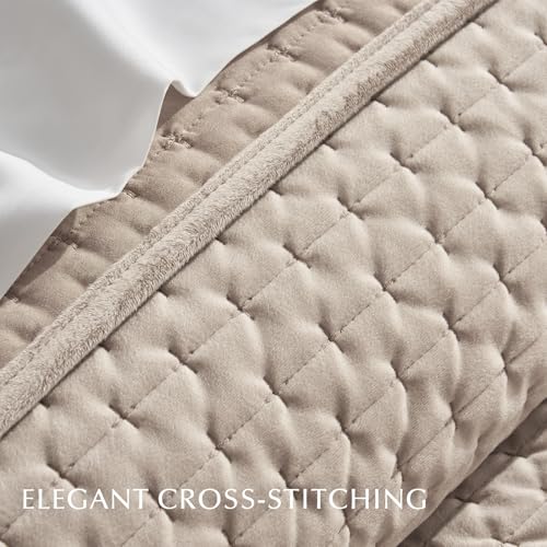 EVERGRACE Luxury Velvet Quilt Set King Size 3 Piece, Soft Cross-Stitch Velvet Comforter Set with Pillow Shams, Lightweight Coverlet Bedspread Bedding Set for All Seasons, Light Taupe EVERGRACEHOME