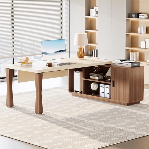 Tribesigns 71-Inch Executive Desk, L-Shaped Desk with Cabinet, Large Office Desk with Storage Shelves, Writing Table Desk Business Furniture Set for Home Office, Cream White Tribesigns