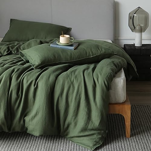 XZ XIFA Green Linen Duvet Cover Full, 100% Washed French Flax Linen Bedding Set with Zipper Closure, Cooling & Textured Bed Sets for Hot Sleepers(1 Duvet Cover, 2 Pillowcases) XZ XIFA