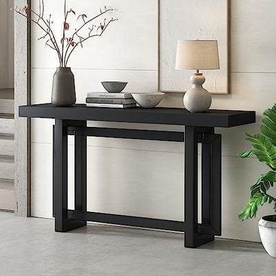 Knocbel Contemporary Console Table with Industrial-Inspired Concrete Wood Top, Minimalist Rectangular Entryway Table for Hallway Living Room Foyer Corridor, 59.1" W x 15.7" D x 31.7" H Black