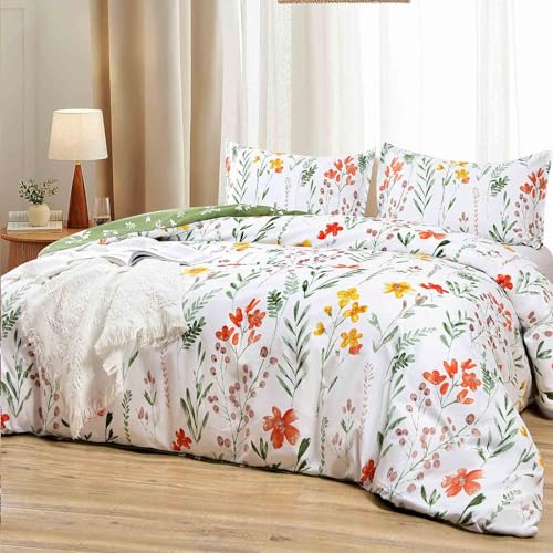 Nanko Floral Duvet Cover King Size, 3 Pieces Green Leaves Yellow Flowers Botanical Pattern Comforter Cover Set, Soft & Lightweight Microfiber Reversible Quilt Cover for Women 104x90 Inches, White Nanko