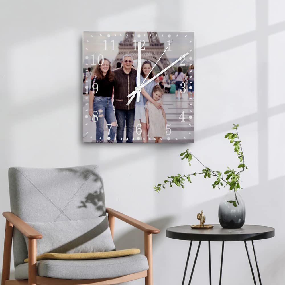 Custom Wooden Wall Clock with Photo Image Pictures, Personalized Square Wood Clock for Wall 10x10 Inch, Farmhouse Home Decorations for Bedroom Living Room Non-Ticking Wall Clock Add Family Name WoodArtSupply