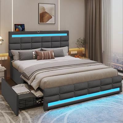 ADORNEVE Dark Grey Queen LED Bed Frame with 4 Drawers & USB Charging Station