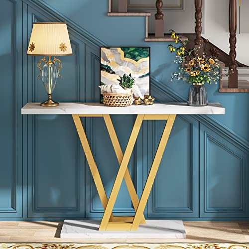 Tribesigns Gold Console Table, Modern Hallway Table for Entryway, 43 Inch Entryway Tables Narrow Sofa Table for Living Room, Stable Metal Frame & Easy Assemble, Faux Marble White Tribesigns