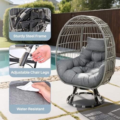 Gijvbeoz Swivel Wicker Egg Chair, Oversized Indoor Outdoor Lounger for Backyard, Patio, Living Room with Cushion, Steel Frame, 330lb Capacity, Gray Gijvbeoz