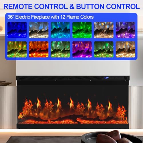 Home4me 36 inch Electric Fireplace, Modern 3-Sided View Electric Fireplace Inserts, 750/1500W Recessed and Wall Mount Fireplaces with Realistic Adjustable Flame, Remote Control, Timer, Low Noise Home4me