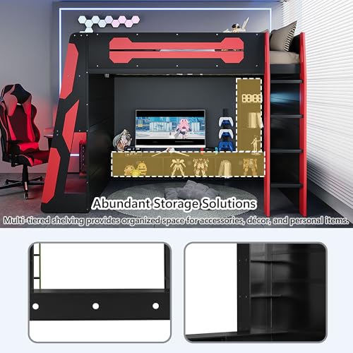 Polibi Wood Full Size Gaming Loft Bed with Desk and Shelf,Bed Frame with LED Light,USB Ports and Storage Cabinet,Red Polibi