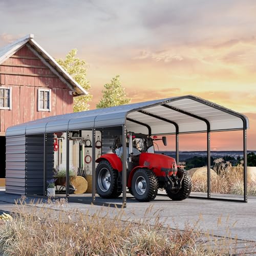 EROMMY 12x25 FT Carport Storage Shed 2-in-1, Heavy Duty Car Port with Galvanized Metal Frame, Base-Reinforced Enclosed Storage Shelter, Extended Coverage for Trucks, Cars & All Vehicles, Gray EROMMY