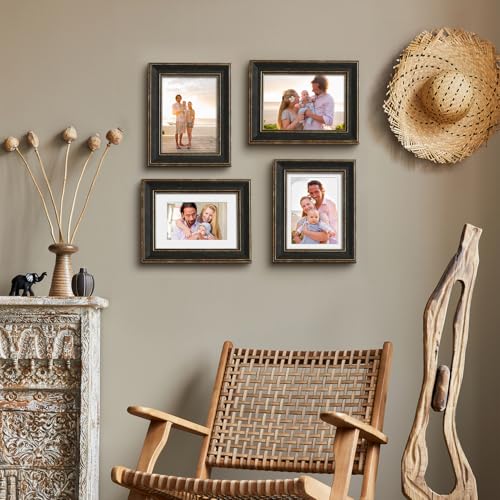 5x7 Picture Frame Set of 4 with 2 Mats, Black Rustic Farmhouse Photo Frames with Tempered Glass, 4x6 and 3.5x5 with Mat or 5x7 without Mat for Wall Hanging or Tabletop Display, Home Gallery Decor Gift Patouque