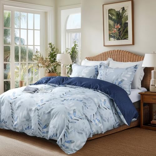 OAITE Duvet Cover Queen Size,Reversible Leaf Blue Duvet Cover Set with Zipper Closure, 3 Pieces Modern Patterns Soft Microfiber Bedding Set with 8 Ties(90’’*90’’,2 Pillow Cases) OAITE
