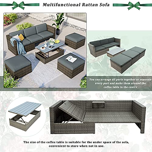 Goohome 5 Pieces Outdoor Patio Sectional Sofa Couch, PE Wicker Furniture Conversation Sets with Adustable Backrest & Washable Cushions & Ottomans & Glass Coffee Table for Garden, Poolside, Backyard Goohome