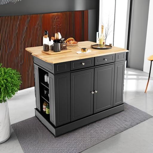 Giantex Kitchen Island with Drop Leaf, Rubber Wood Top, 2 Drawers, Storage Cabinets, Spice Racks, Adjustable Shelves, Stationary Kitchen Table for Home Coffee Bar, 47"x36"x36" (Black) Giantex
