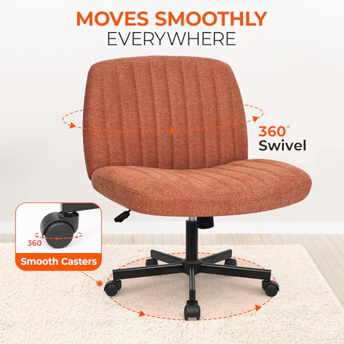 Orange Factory Criss Cross Chair Wheels Wide Cross Legged Office Desk Vanity Chair Comfy Fabric Armless Adjustable Swivel for Home Computer Task (Brown) Orange Factory
