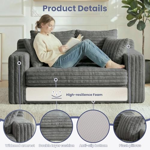 3-in-1 Convertible Sofa Bed: Boneless Loveseat Sleeper & Folding Couch Bed with 4 Pillows & Detachable Cushion, Furry Futon Couch for Bedroom, Apartment, Office and Living Room, No Assembly, Grey Winzoo
