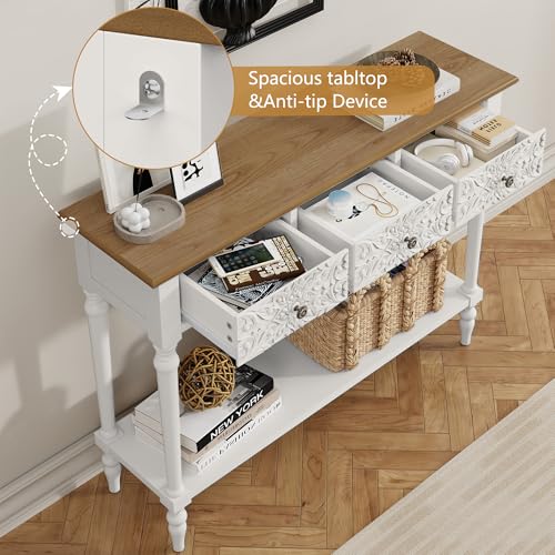 3More Entryway Console Table with 3 Drawers,42" Carved Hallway Table with Open Shelf,Long Sofa Table for Living Room, Hallway, Behind Couch,White 3More
