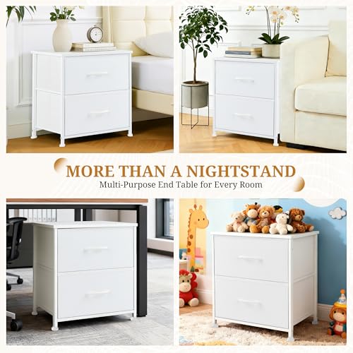 Accver Nightstand, 2 Drawer Dresser Bedside Storage Furniture, Small Dresser with 2 Drawers, End Table with Fabric for Bedroom, Closet, Entryway, College Dorm, White Accver