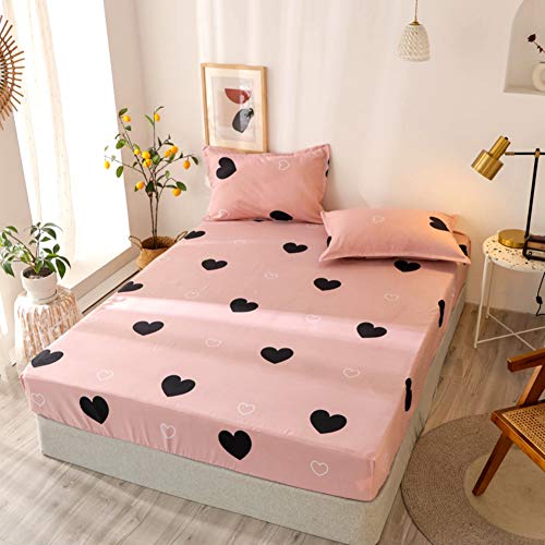Girls Cute Heart Pattern Fitted Sheet for Kids Queen Size Lovely Pink Black Bedroom Decor Bed Sheet Set Girly Cartoon Love Geometric Bedding Set Children Modern Design Bed Cover with 2 Pillow Case Feelyou