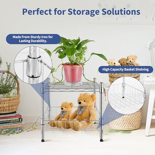 YSSOA Heavy Duty Shelving Unit, Wire Metal Stackable Storage, 2-Tier Shelf, with Basket, Chrome, 15" W x 13.8" D x 15" H YSSOA