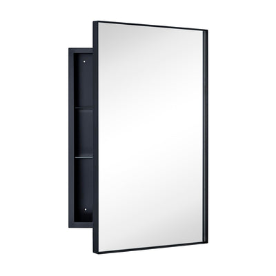 TEHOME Recessed Mount 16x26'' Squared Rectangle Matt Black Bathroom Medicine Cabinet with Mirror Black Metal Framed Rectanglular Medicine Cabinet 2 Adjustable Glass Shelves