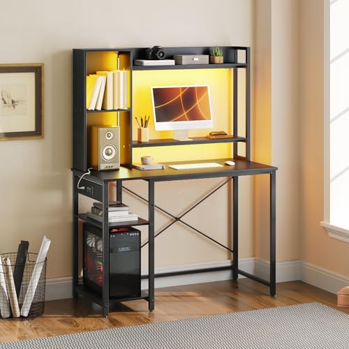 HOOBRO Computer Desk, Gaming Desk with LED and Outlets, Home Office Desk with Monitor Stand and Adjustable Shelf, Small Gaming Table with CPU Stand for Home Office, Small Space, Black BB100UDDN01 HOOBRO