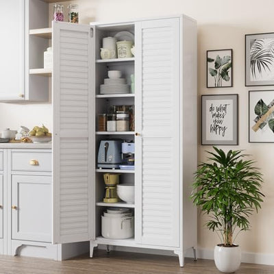GangMei Metal Kitchen Pantry Cabinet with 2 Doors,Metal Pantry Cabinet with 5 Adjustable Shelves for Kitchen,Home,74.2" H × 31.5" W × 15.75" D,Required Assembly, White