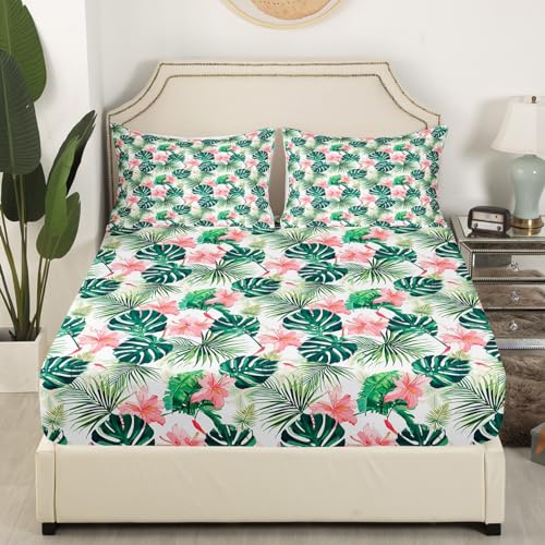 Feelyou Palm Leaf Sheet Set King Size Kids Flower Floral Palm Tree Print Sheets with Deep Pocket Fitted Sheet for Boys Girls Teens Botanical Nature Theme Bed Sheets Set Summer Nature Theme Bedding Set Feelyou