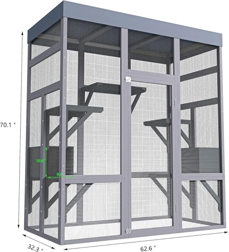 70" Large Catio Outdoor Cat Enclosure, Outdoor Cats Cage with Waterproof Cover,Wooden Walk in Cat Shelter Jumping Platforms & 2 Resting Box, UV Resistant MegaChoice