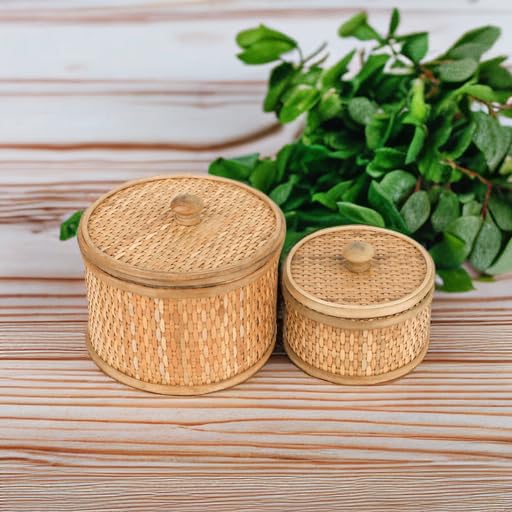 HUAXIN CRAFT H Rattan Round Decorative Box with Lid, Set of 2(Natural 7 inches and 5inches Diameter), Bohemian Wood Box For Storage. HUAXIN CRAFT H