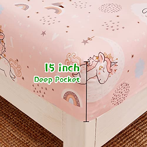 JSD Pink Unicorn Kids Sheet Set Full Size, 4 Piece Girls Rainbow Printed Microfiber Bed Sheets Deep Pocket JSD