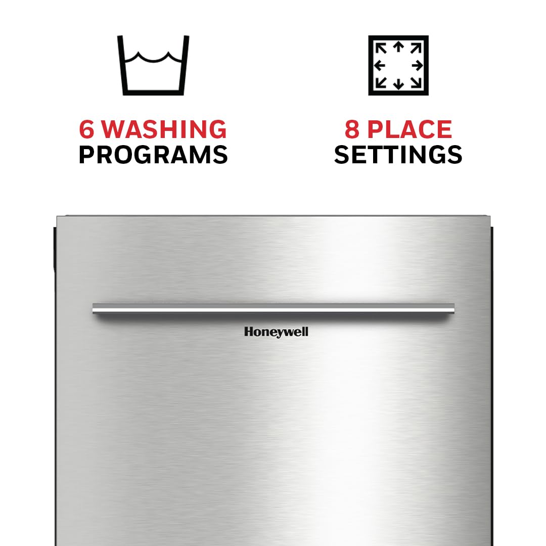 Honeywell 18 Inch Dishwasher with 8 Place settings, 6 Washing Programs, Stainless Steel Tub, UL/Energy Star- Stainless Steel Honeywell