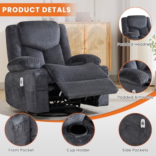 Swivel Recliner Chair for Adults,Oversized Rocker Recliner with Massage and Lumbar Heat,Rocking Chair with Side Pocket,2 Cup Holders,for Living Room