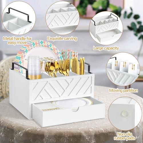 Paper Plate Dispenser with Drawer, Paper Plate Holder for Kitchen Counter, Wood Rustic Silverware Utensil Caddy, Cutlery Flatware Organizer for Cup Spoon Fork Plates Napkins, White Kitchen Accessories Zecela