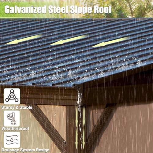 DOMI 12x14FT Lean to Gazebo, Outdoor Hardtop Wall Mounted Gazebo with Sloping Galvanized Steel Roof, Durable Aluminum Frame, Netting Curtain for Deck, Porch, Backyard domi outdoor living
