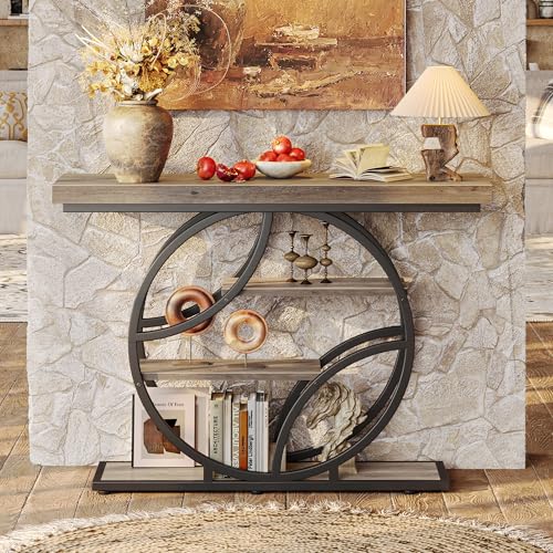 Huuger 41.3 Inch Entryway Table, Modern Console Sofa Table, Accent Table with Shelves, for Entry, Hallway, Entrance, Foyer, O-Shaped Metal Frame, Grey Huuger